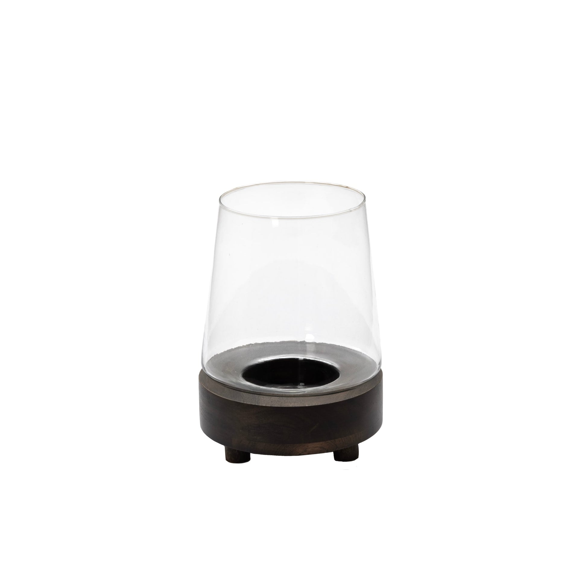 sögne candle holder in glass and rustic brown acacia wood